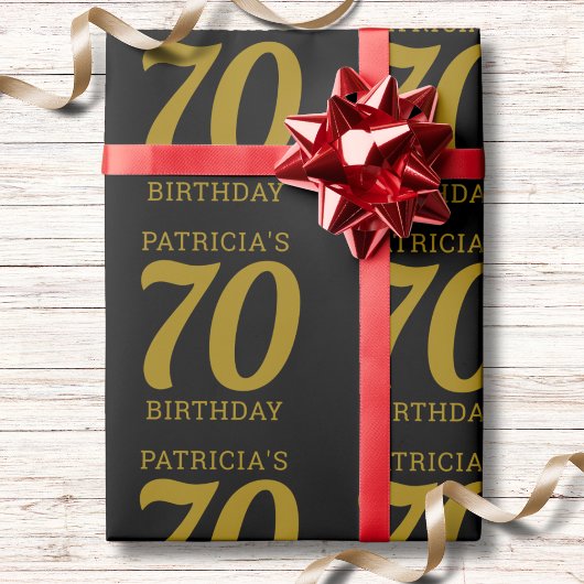 Custom Name Black And Gold Text 70th Birthday   ラッピングペーパー