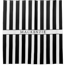 Custom Name Black and White Vertical Striped シャワーカーテン