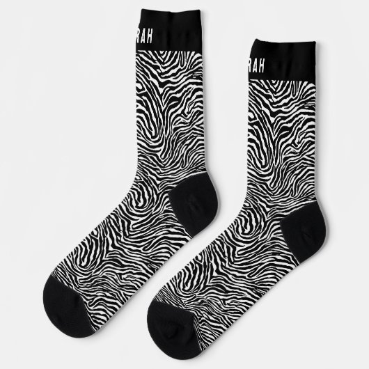 Custom Name Black and White Zebra Stripe Socks ソックス (左)