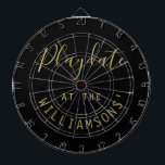Custom Name Black Gold Playdate Script Minimalist ダーツボード<br><div class="desc">Personalized dartboard with a family name for example. Simple minimalist minimal design with the customizable phrase quote saying Playdate at the family name. Premium neutral black and gold look with a combination of trendy handwriting script calligraphy and a modern clean sans serif font typography. Playing darts game at family and...</div>