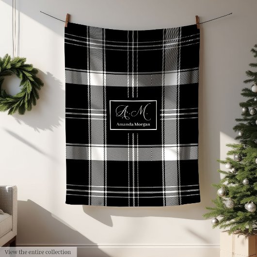 Custom Name Black White Buffalo Plaid Men's Gift フリースブランケット