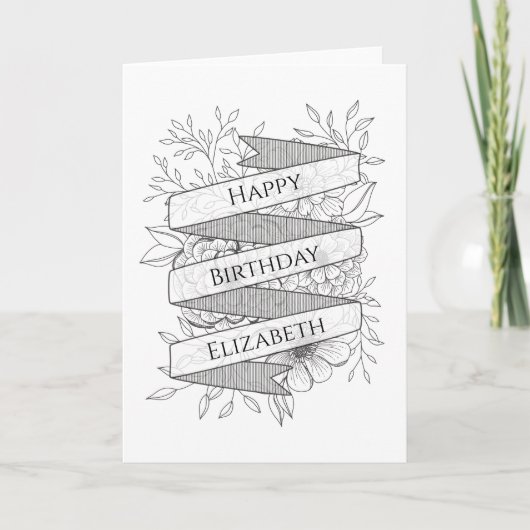 Custom Name Black & White Floral Birthday カード (正面)