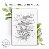 Custom Name Black & White Floral Birthday カード