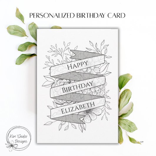 Custom Name Black & White Floral Birthday カード