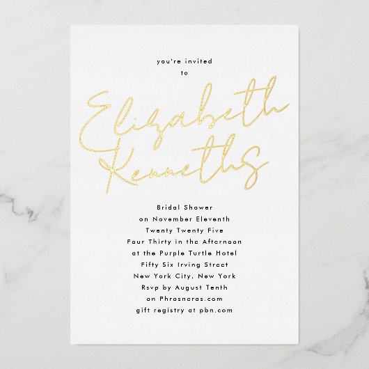 Custom Name Black White GOLD Bridal Shower 箔招待状 (正面)