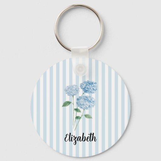 Custom Name Blue Hydrangea Painting Stripe キーホルダー (正面)