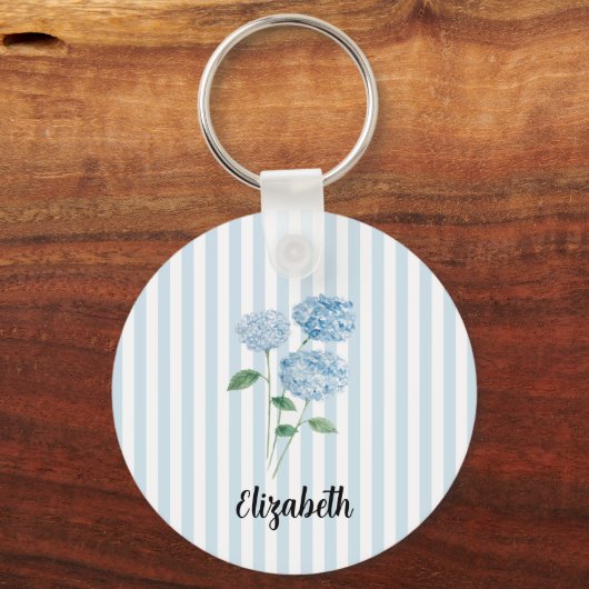Custom Name Blue Hydrangea Painting Stripe キーホルダー (裏面)