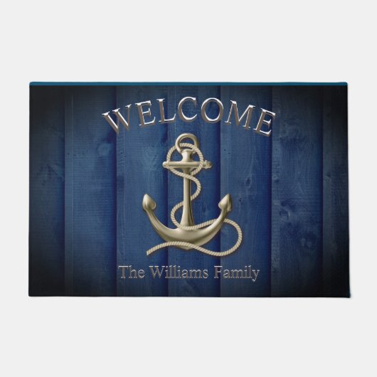 Custom Name Blue Wood Anchor Nautical Beach House  ドアマット (正面)