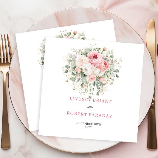 Custom Name Boho Blush Floral Gold Wedding Napkins スタンダードカクテルナプキン