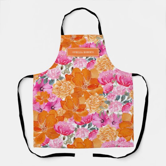 Custom Name Bright Orange Pink Floral Kitchen エプロン (正面)