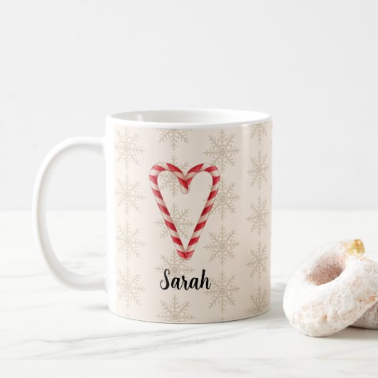 Custom Name Candy Cane Heart Snowflake Pattern コーヒーマグカップ (ドーナツ)