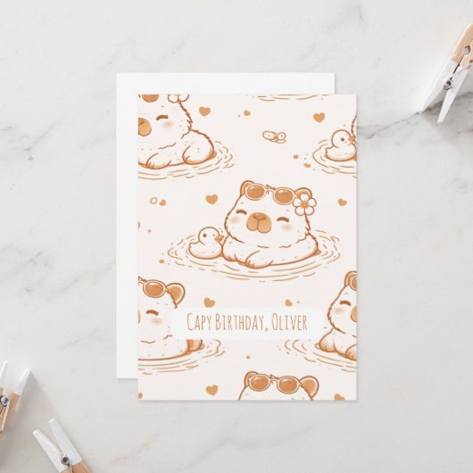 Custom Name Capybara Birthday Flat Greeting Card カード (正面/裏面インサイチュ)