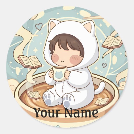 Custom Name Cat Coffee Sticker for Book Lovers ラウンドシール (正面)