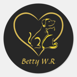 Custom Name Cat, Dog and Love Line Art ラウンドシール