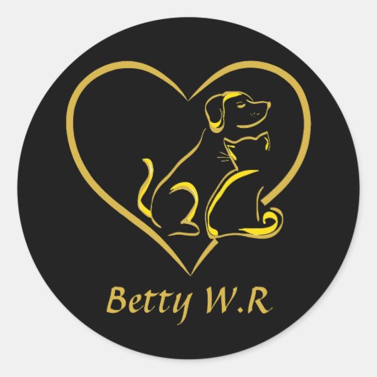 Custom Name Cat, Dog and Love Line Art ラウンドシール (正面)