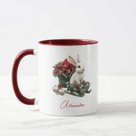 Custom Name Christmas Bunny Rabbit Red Poinsettia マグカップ