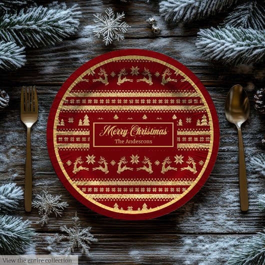 Custom Name Christmas Paper Plates Luxe Red Gold ペーパープレート