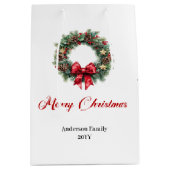 Custom name Christmas wreath bag red and green   ミディアムペーパーバッグ (正面)