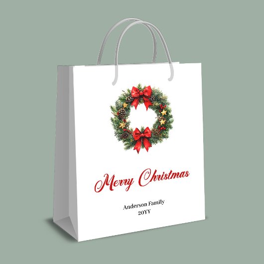 Custom name Christmas wreath holiday gift bag idea ミディアムペーパーバッグ