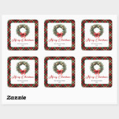 Custom Name Christmas Wreath Red Green Plaid Label スクエアシール (シート)