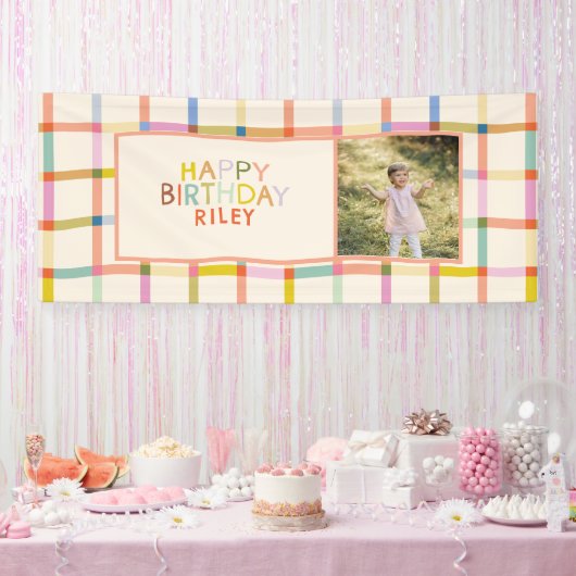 Custom Name Colourful Modern Plaid Birthday Photo 横断幕 (パーティー)