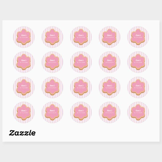 Custom Name Cookie Pink Stripe Kitchen ラウンドシール (シート)