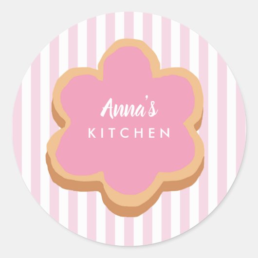 Custom Name Cookie Pink Stripe Kitchen ラウンドシール (正面)