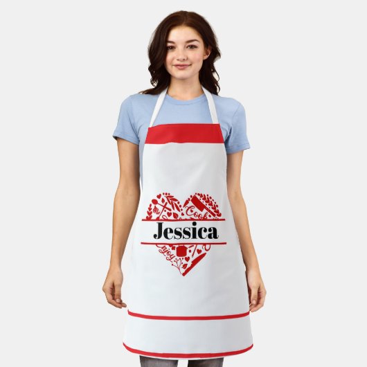 Custom Name Cooking Apron with Red Heart Design エプロン (着用した状態)