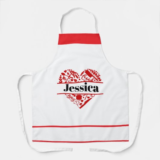 Custom Name Cooking Apron with Red Heart Design エプロン (正面)