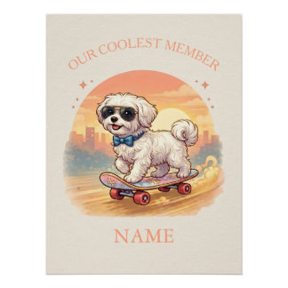 Custom Name Cool Maltese Dog Skateboarder  ポスター