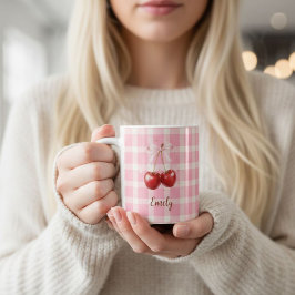Custom Name Coquette Cherry Mug Red Bows Aesthetic コーヒーマグカップ