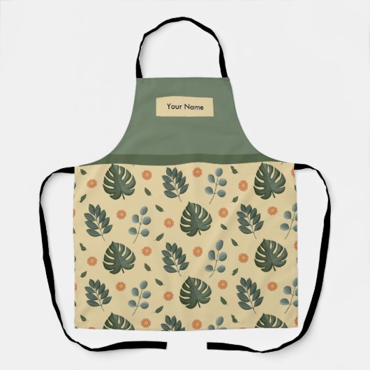 Custom Name Cream and Sage Green Botanical Apron エプロン (正面)