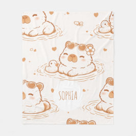 Custom Name Cute Capybara With Sunglasses Kids フリースブランケット