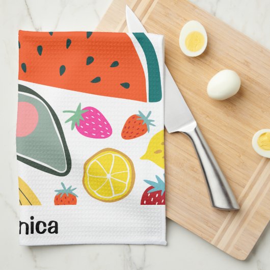 Custom Name Cute Fruits Background キッチンタオル (四つ折り)
