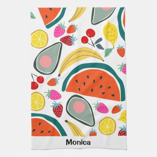 Custom Name Cute Fruits Background キッチンタオル (縦)