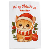 Custom Name Cute Kitten Merry Christmas Gift Bag ミディアムペーパーバッグ (正面)