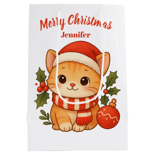 Custom Name Cute Kitten Merry Christmas Gift Bag ミディアムペーパーバッグ (裏面)