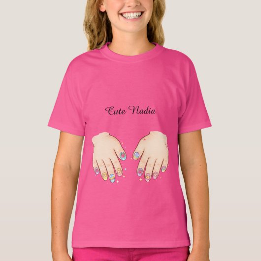 Custom Name Cute Nail Art Hands Kids T-Shirt Tシャツ (正面)