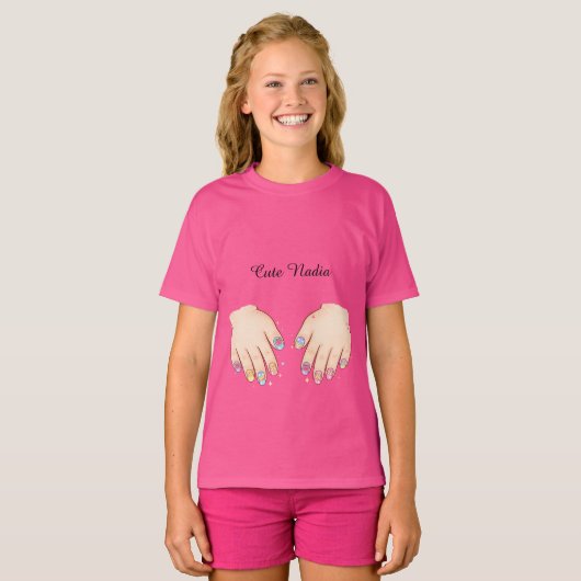 Custom Name Cute Nail Art Hands Kids T-Shirt Tシャツ (正面フル)
