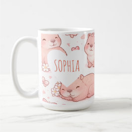 Custom Name Cute Pastel Capybara Bow Girls コーヒーマグカップ
