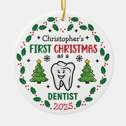 Custom Name Dentist First Christmas Tree Round セラミックオーナメント (正面)