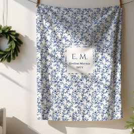 Custom Name Dusty Blue Toile Floral Cozy Blanket シェルパブランケット