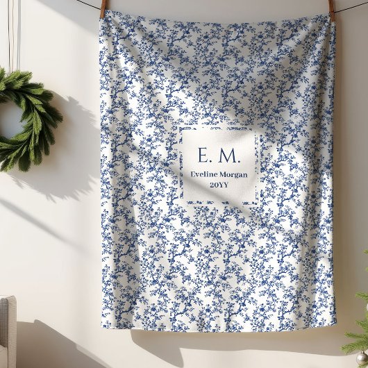 Custom Name Dusty Blue Toile Floral Cozy Blanket シェルパブランケット