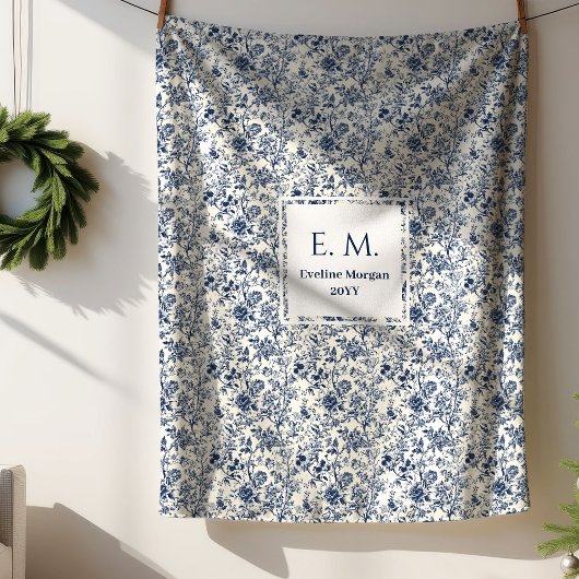 Custom Name Elegant French Toile Blue Blanket シェルパブランケット