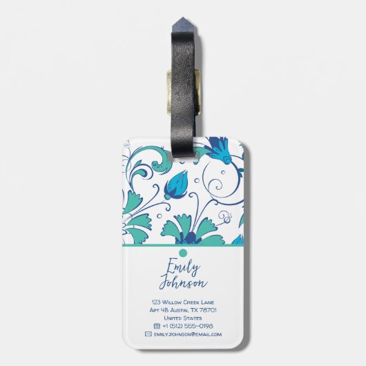 Custom Name Elegant Teal Blue Botanical Detailed ラゲッジタグ (裏面縦)
