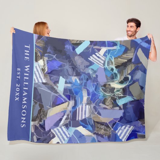 Custom Name Est. Year Blue Purple Abstract Stripes フリースブランケット (インサイチュ)