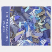 Custom Name Est. Year Blue Purple Abstract Stripes フリースブランケット (正面(横))