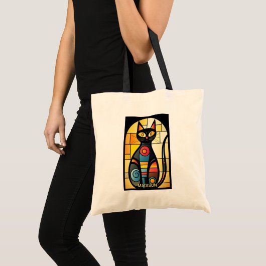 Custom Name Faux Stained Glass Cat トートバッグ (正面(商品))