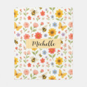Custom Name Floral Bee Blanket フリースブランケット (正面)