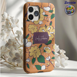 Custom Name Floral Orange Vintage Sketch Floral iPhone 11 Proケース